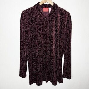 Liz Claiborne Burgundy Velvet Burnout Long‎ Sleeve Button Up Shirt Womens Large
